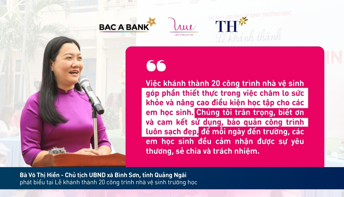 Bà Võ Thị Hiền - Chủ tịch UBND xã Bình Sơn phát biểu tại Lễ khánh thành 20 công trình nhà vệ sinh trường học trên địa bàn
